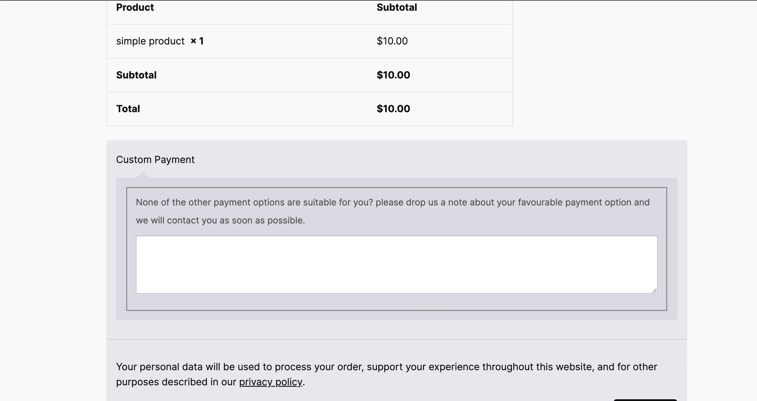 A screenshot of the block Checkout showing our new custom payment method block.