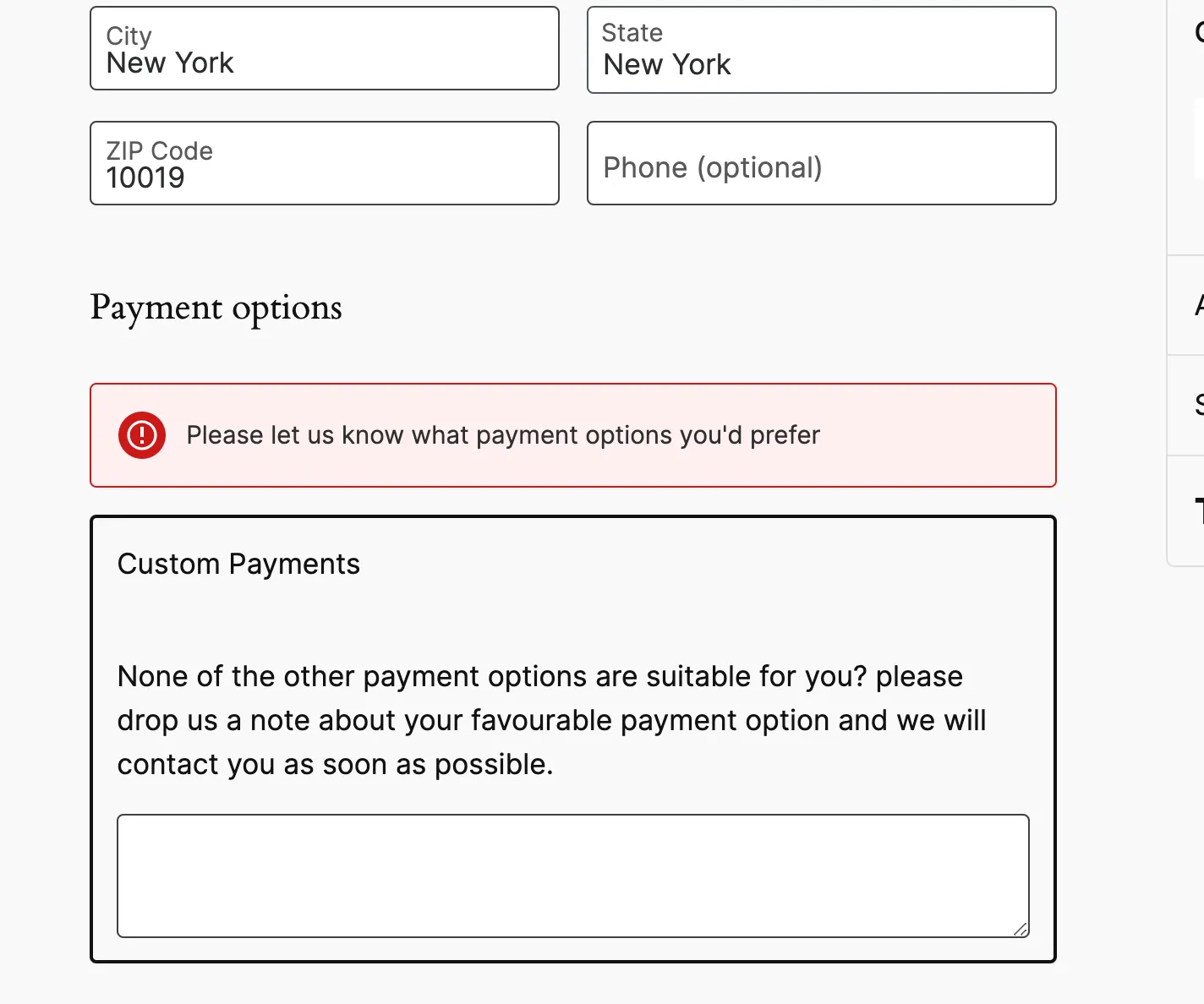 A screenshot of the block Checkout showing an error with missing note.