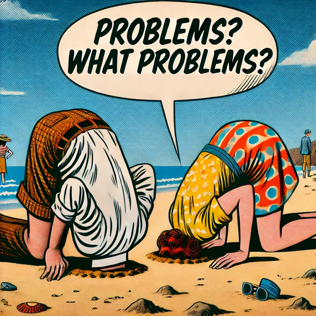 Comic-style illustration of two people on a sunny beach with clear blue skies. Both individuals are bent over with their heads fully buried in holes in the sand, symbolizing avoidance or denial. Their bodies are visible, dressed in casual summer attire, with their postures humorously exaggerated. Beneath the scene, a bold, playful tagline reads, 'Problems? What problems?' in large comic-style lettering.